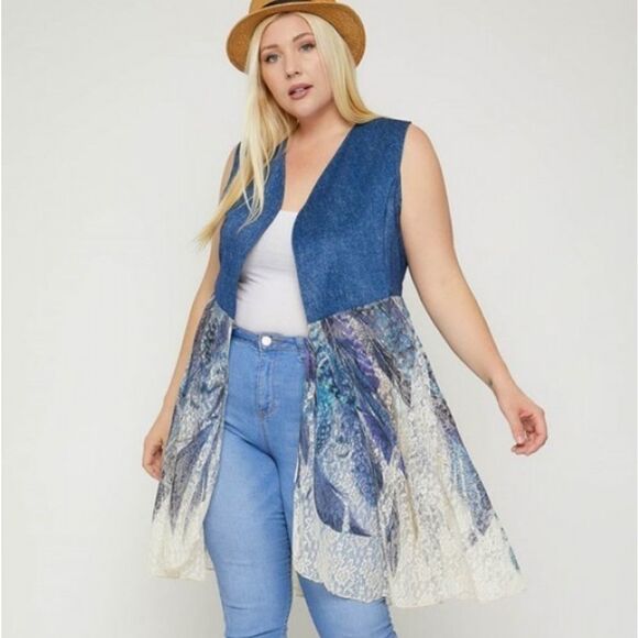 Sweaters - Plus Size Denim Feathers Blue Cardigan!!